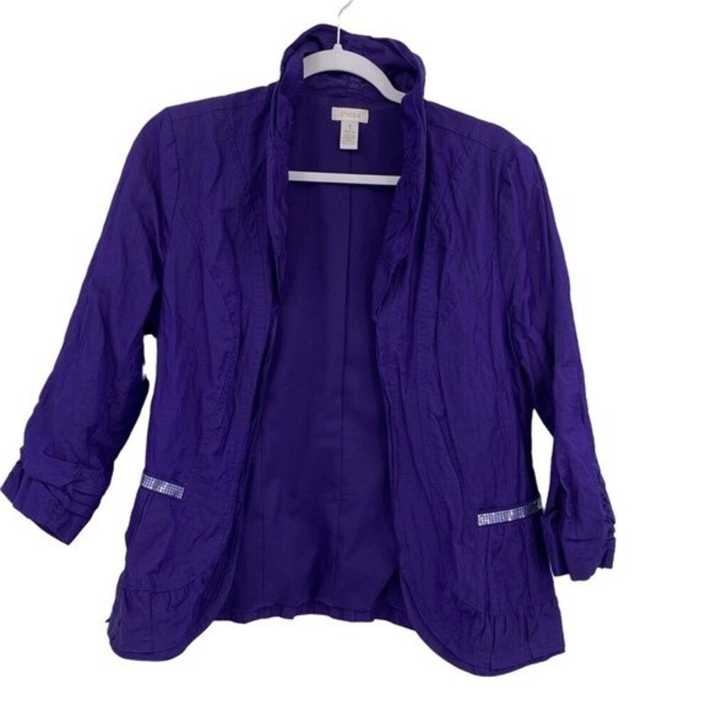 Chico's Womens Purple Cotton Embellished Rhinstones Open Front Jacket Size 1 M 8